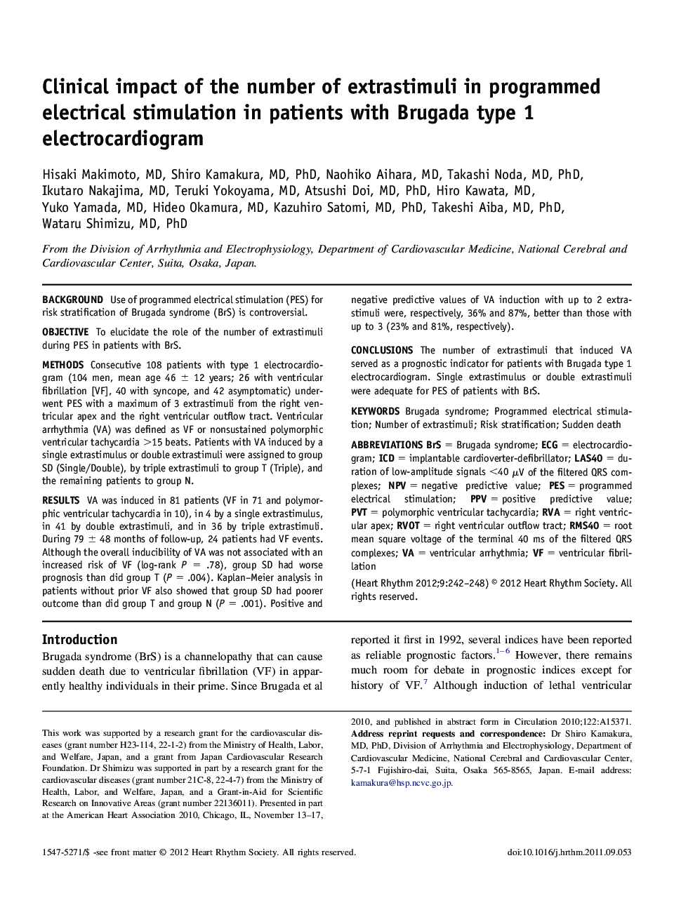 Clinical impact of the number of extrastimuli in programmed electrical stimulation in patients with Brugada type 1 electrocardiogram 