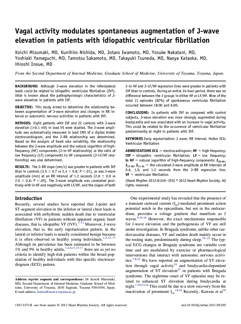 Vagal activity modulates spontaneous augmentation of J-wave elevation in patients with idiopathic ventricular fibrillation