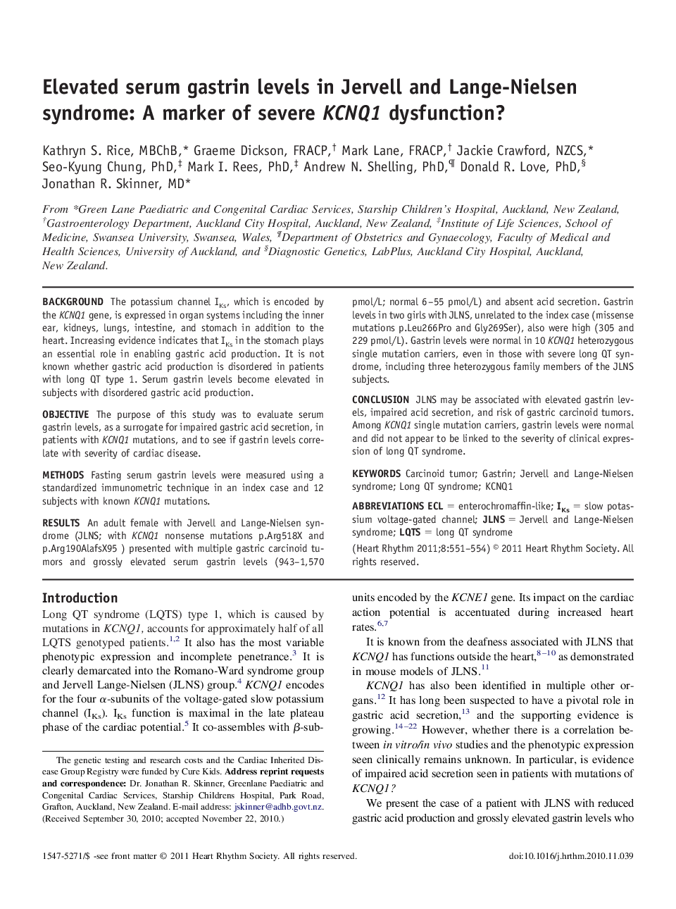 Elevated serum gastrin levels in Jervell and Lange-Nielsen syndrome: A marker of severe KCNQ1 dysfunction? 