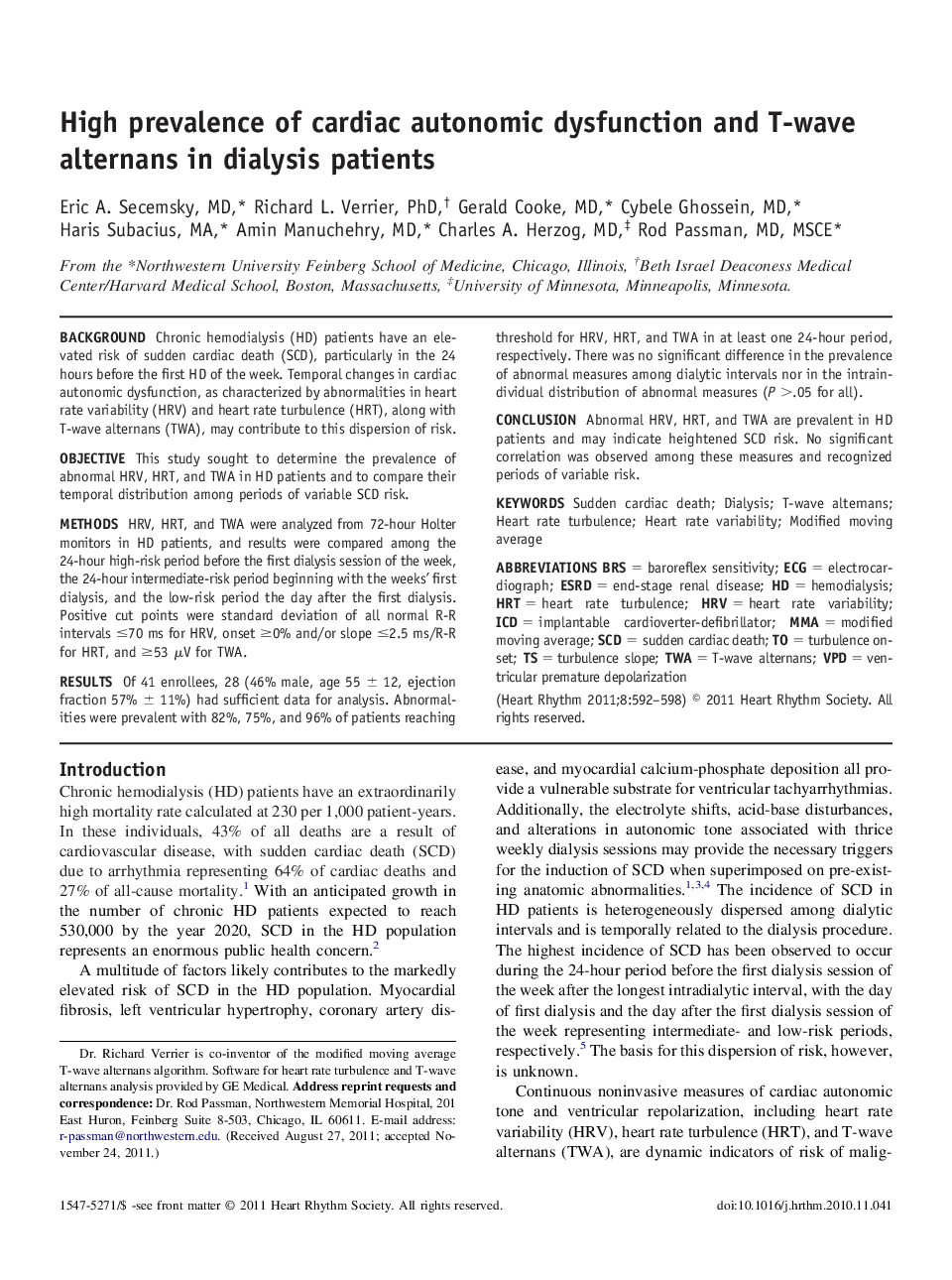 High prevalence of cardiac autonomic dysfunction and T-wave alternans in dialysis patients 