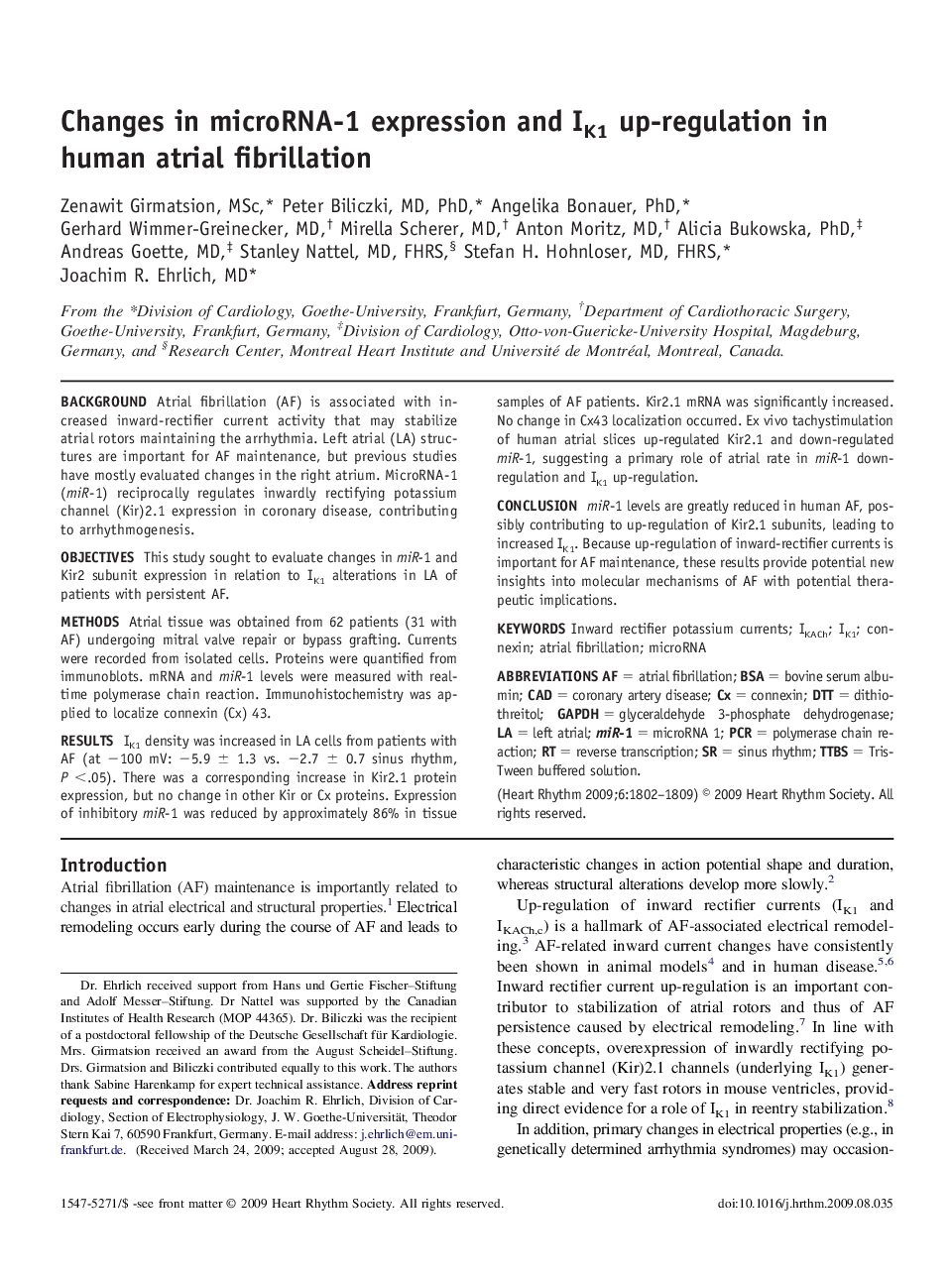 Changes in microRNA-1 expression and IK1 up-regulation in human atrial fibrillation 