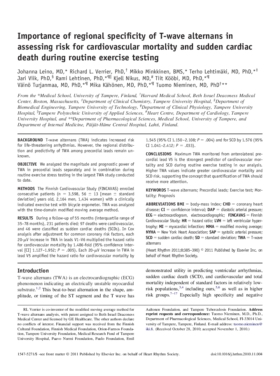 Importance of regional specificity of T-wave alternans in assessing risk for cardiovascular mortality and sudden cardiac death during routine exercise testing 