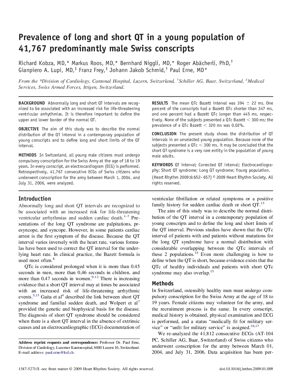 Prevalence of long and short QT in a young population of 41,767 predominantly male Swiss conscripts