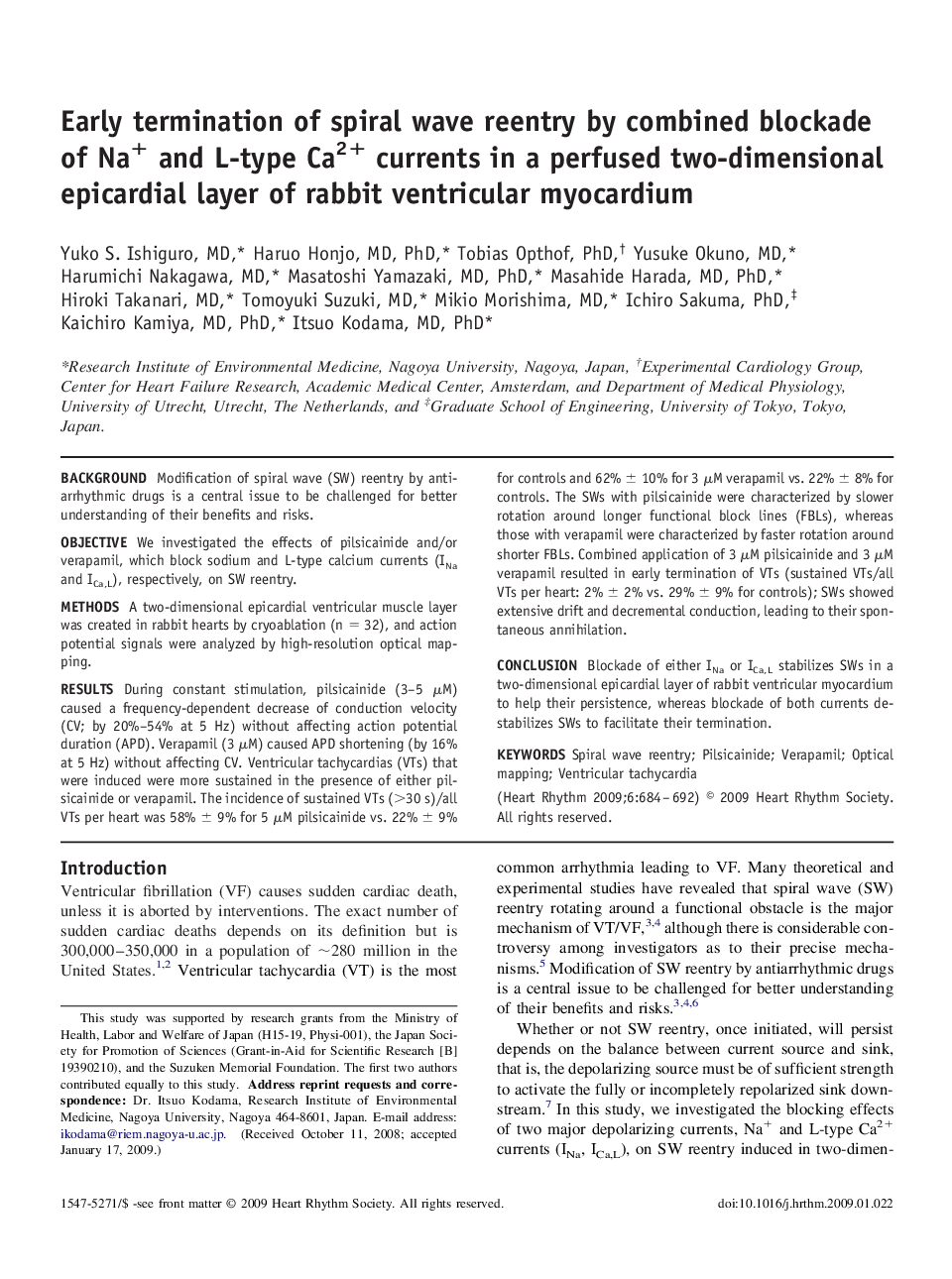 Early termination of spiral wave reentry by combined blockade of Na+ and L-type Ca2+ currents in a perfused two-dimensional epicardial layer of rabbit ventricular myocardium 