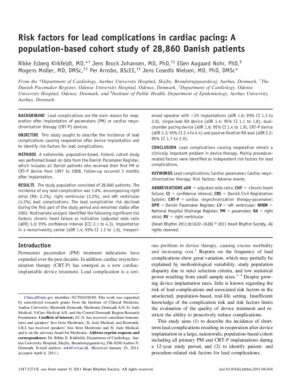 Risk factors for lead complications in cardiac pacing: A population-based cohort study of 28,860 Danish patients 