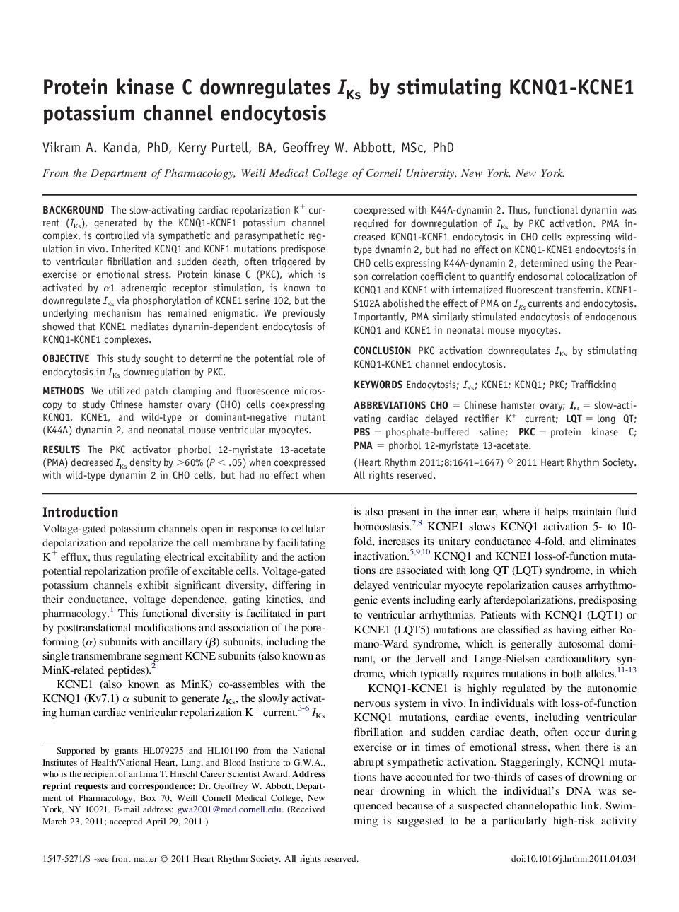 عکس صفحه اول مقاله: Protein kinase C downregulates IKs by stimulating KCNQ1-KCNE1 potassium channel endocytosis Protein kinase C downregulates IKs by stimulating KCNQ1-KCNE1 potassium channel endocytosis