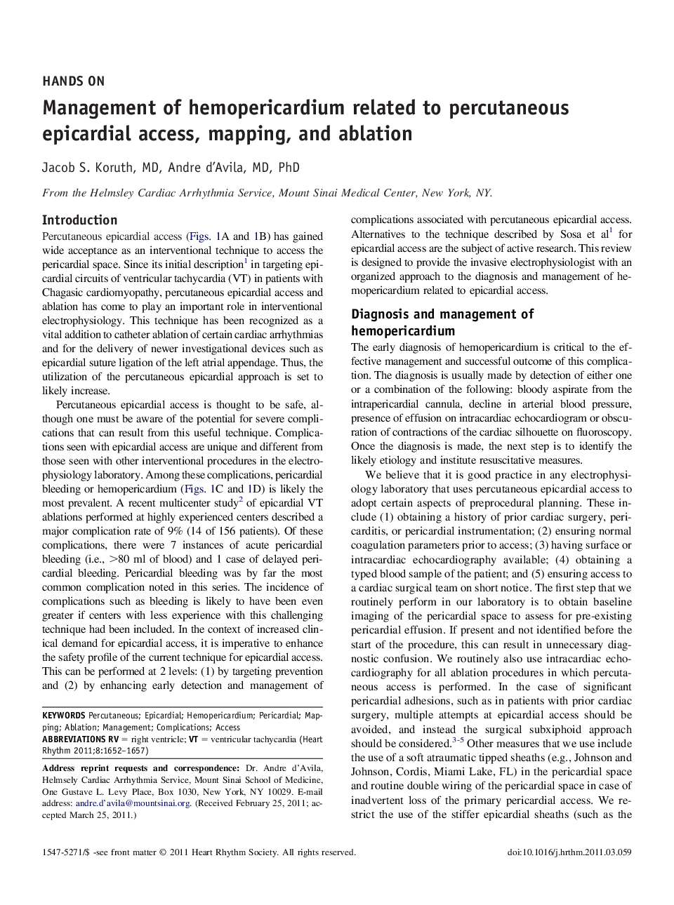 Management of hemopericardium related to percutaneous epicardial access, mapping, and ablation