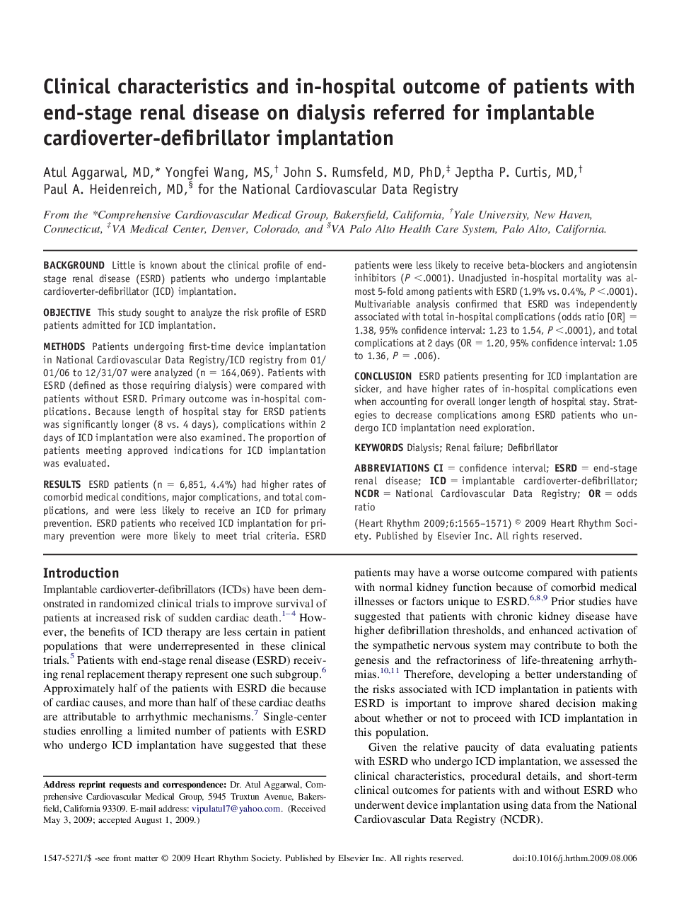 Clinical characteristics and in-hospital outcome of patients with end-stage renal disease on dialysis referred for implantable cardioverter-defibrillator implantation