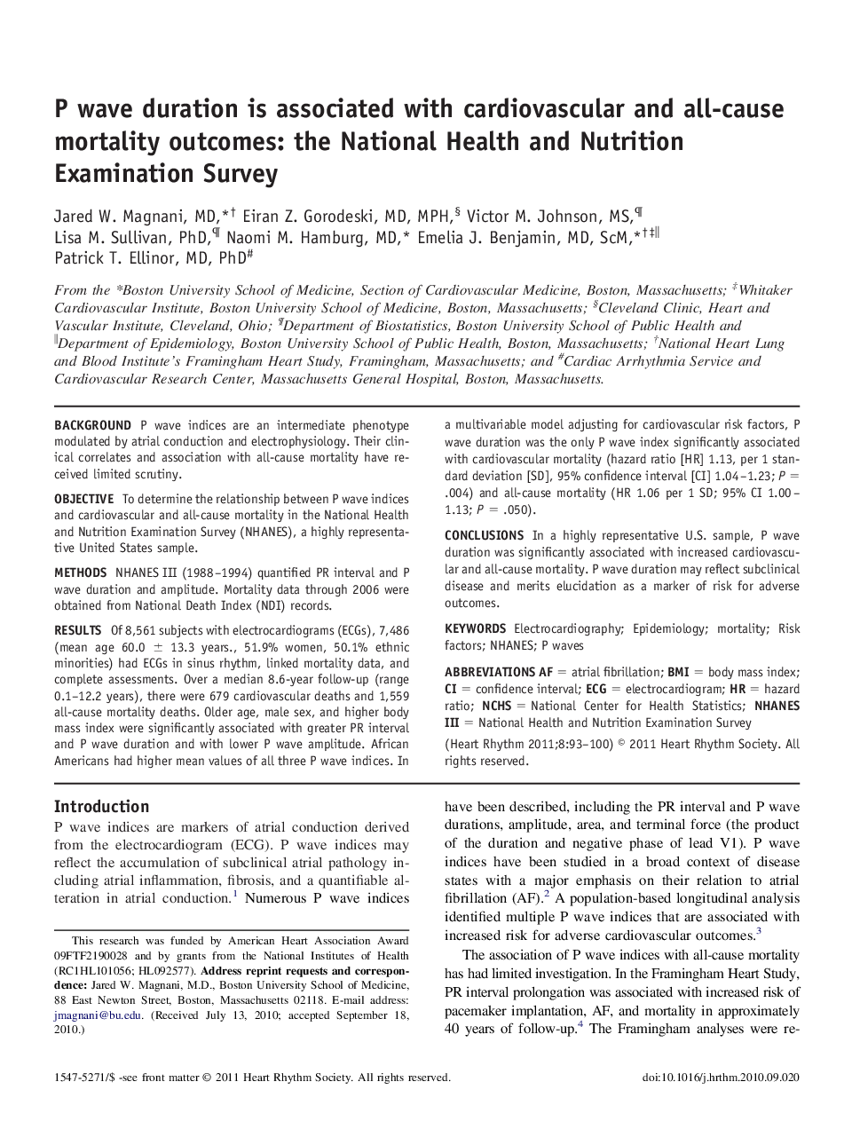 P wave duration is associated with cardiovascular and all-cause mortality outcomes: the National Health and Nutrition Examination Survey 