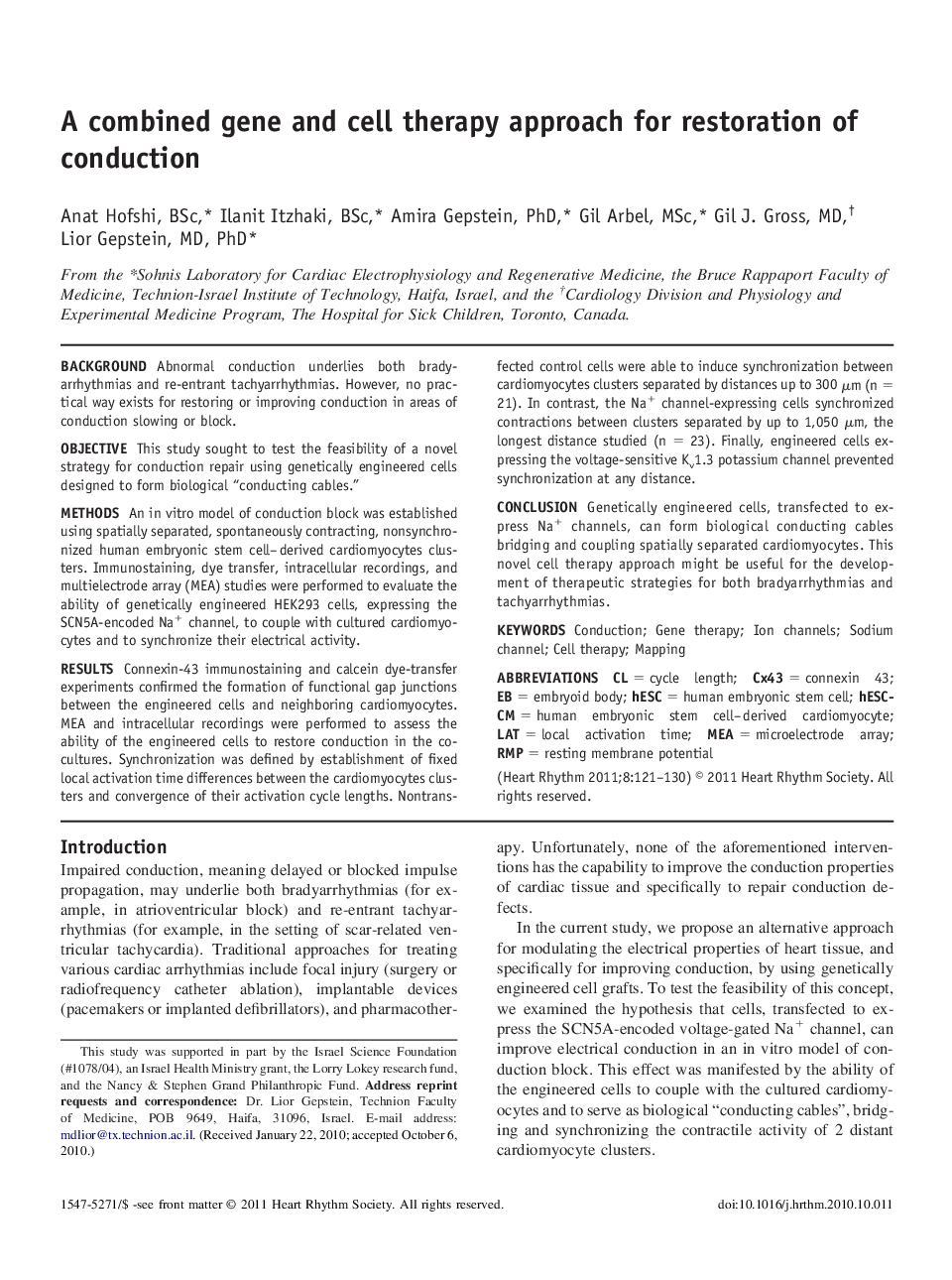 A combined gene and cell therapy approach for restoration of conduction 