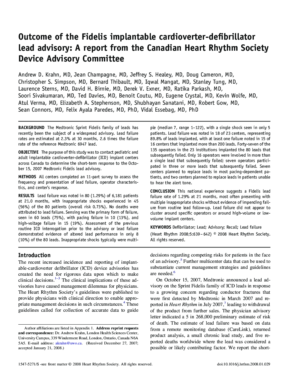 Outcome of the Fidelis implantable cardioverter-defibrillator lead advisory: A report from the Canadian Heart Rhythm Society Device Advisory Committee 