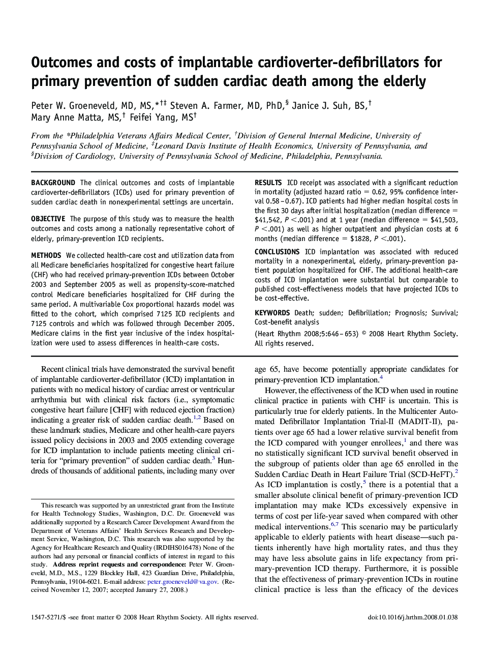 Outcomes and costs of implantable cardioverter-defibrillators for primary prevention of sudden cardiac death among the elderly 