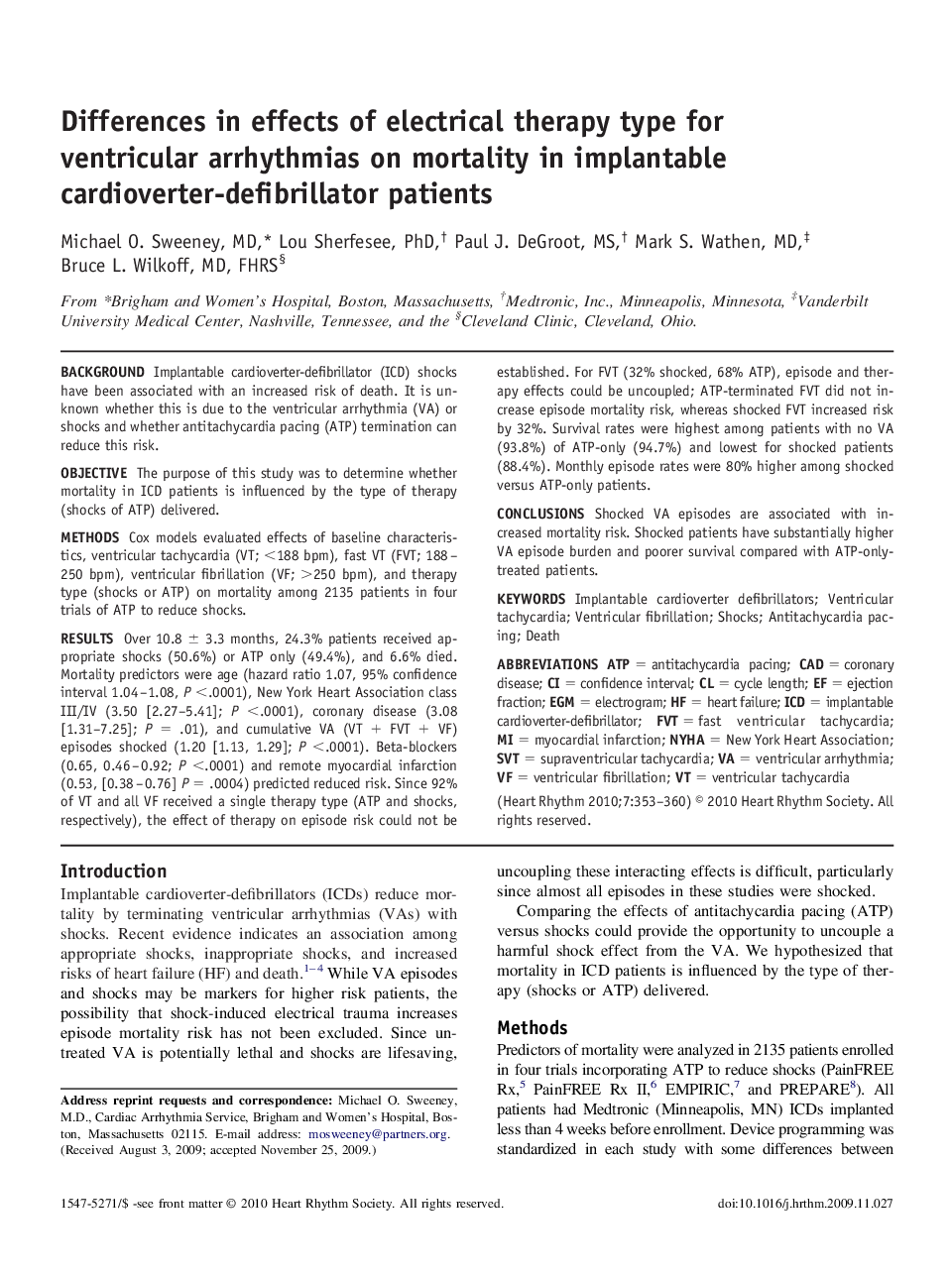 Differences in effects of electrical therapy type for ventricular arrhythmias on mortality in implantable cardioverter-defibrillator patients