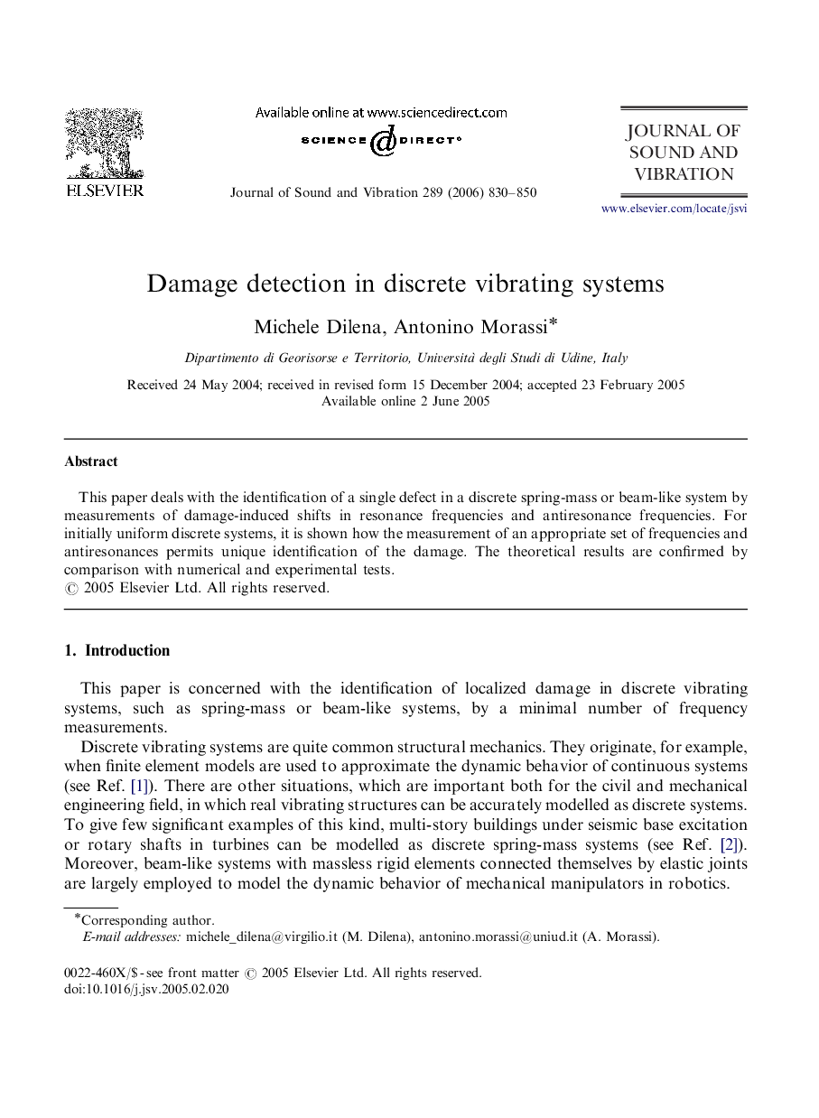 Damage detection in discrete vibrating systems