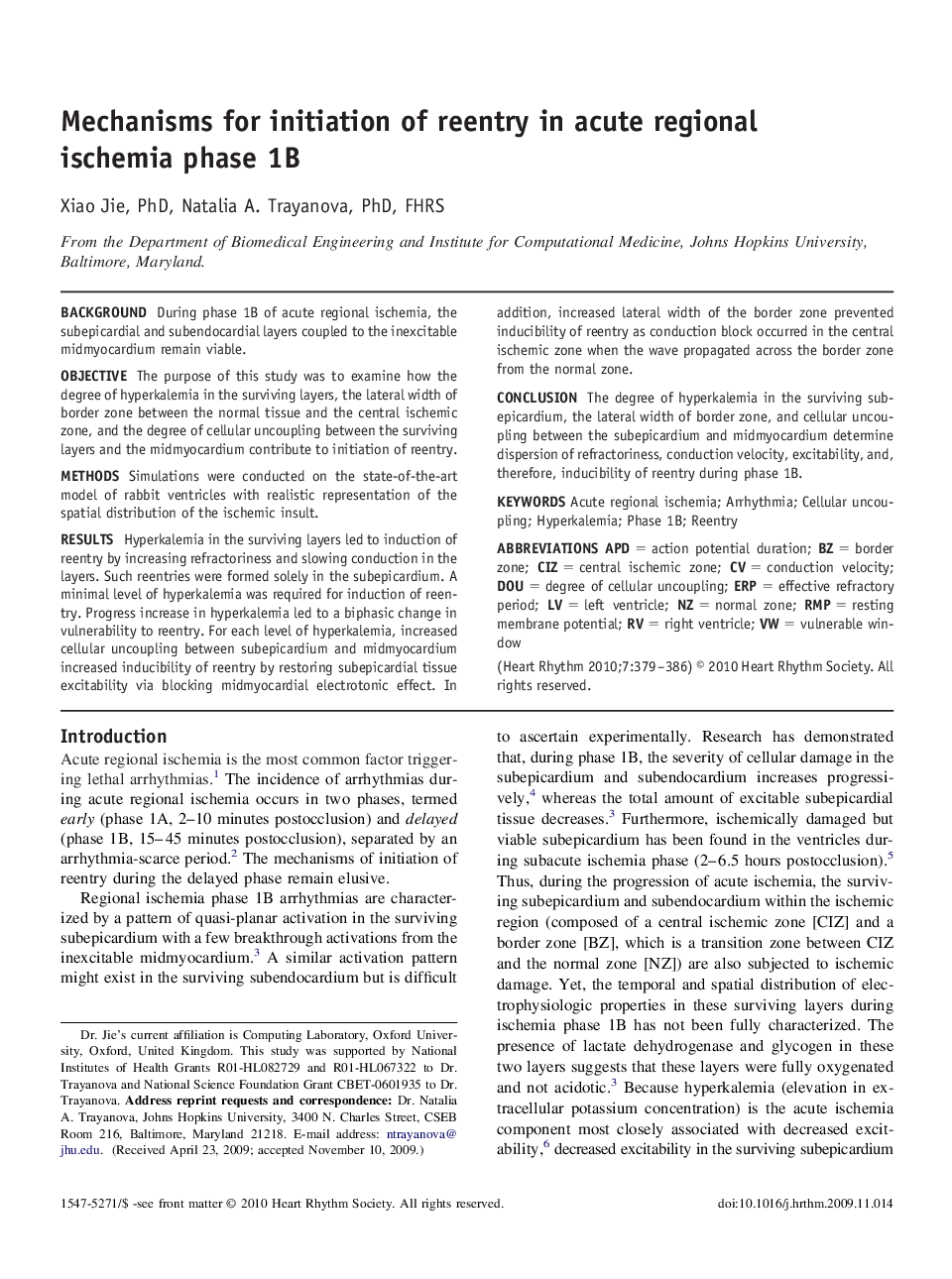 Mechanisms for initiation of reentry in acute regional ischemia phase 1B 