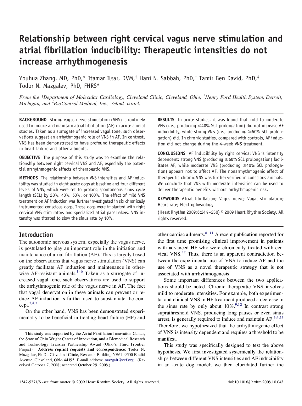 Relationship between right cervical vagus nerve stimulation and atrial fibrillation inducibility: Therapeutic intensities do not increase arrhythmogenesis