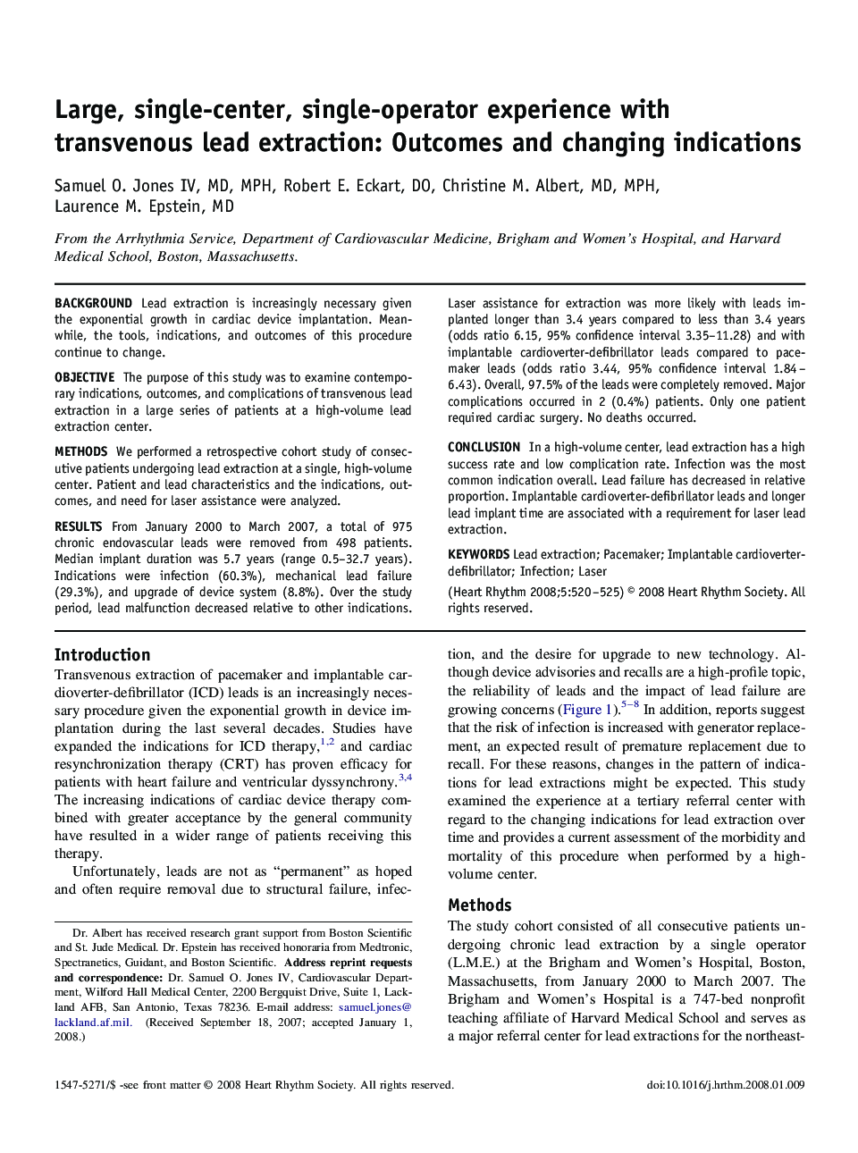 Large, single-center, single-operator experience with transvenous lead extraction: Outcomes and changing indications 