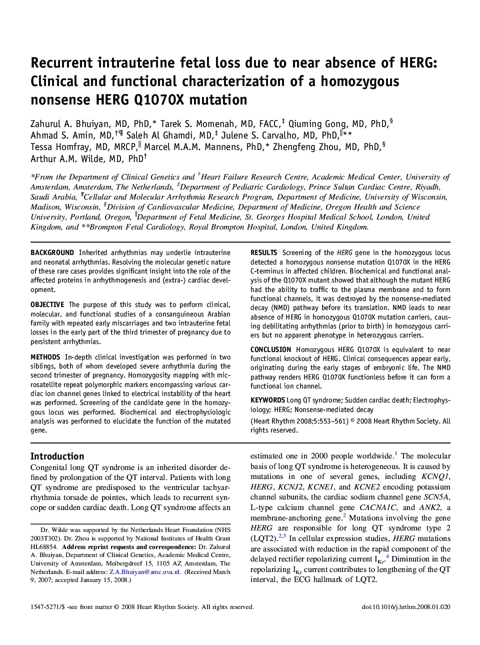 Recurrent intrauterine fetal loss due to near absence of HERG: Clinical and functional characterization of a homozygous nonsense HERG Q1070X mutation