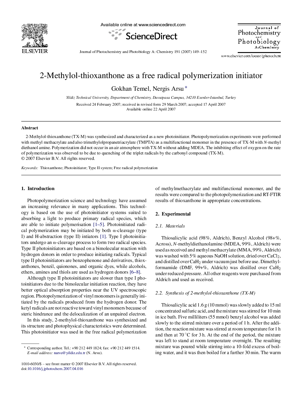 2-Methylol-thioxanthone as a free radical polymerization initiator