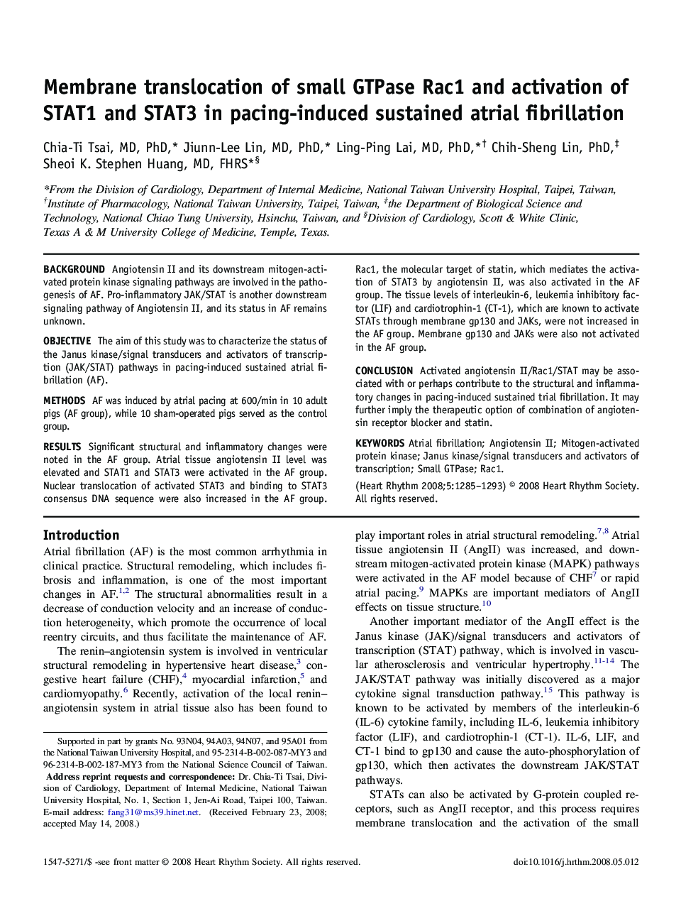 Membrane translocation of small GTPase Rac1 and activation of STAT1 and STAT3 in pacing-induced sustained atrial fibrillation 