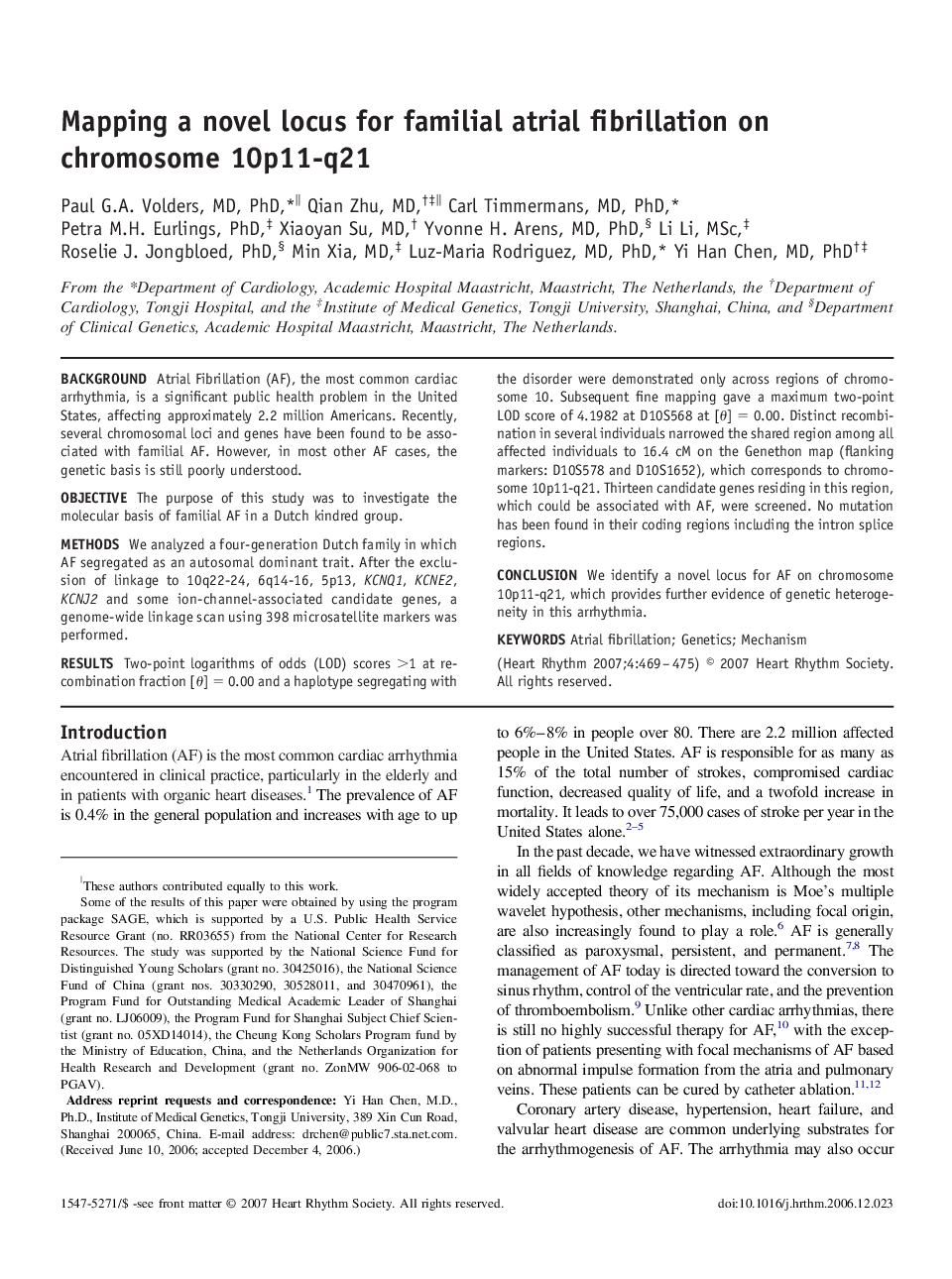 Mapping a novel locus for familial atrial fibrillation on chromosome 10p11-q21 