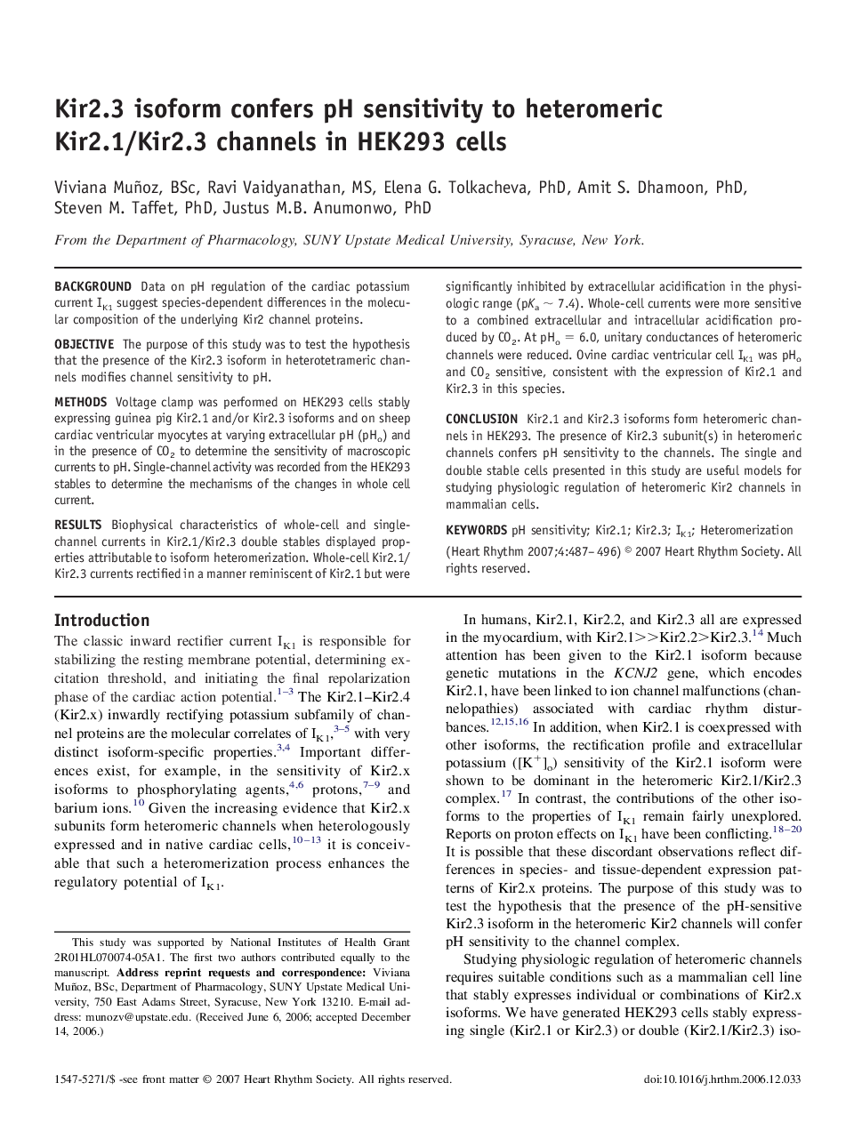 Kir2.3 isoform confers pH sensitivity to heteromeric Kir2.1/Kir2.3 channels in HEK293 cells 