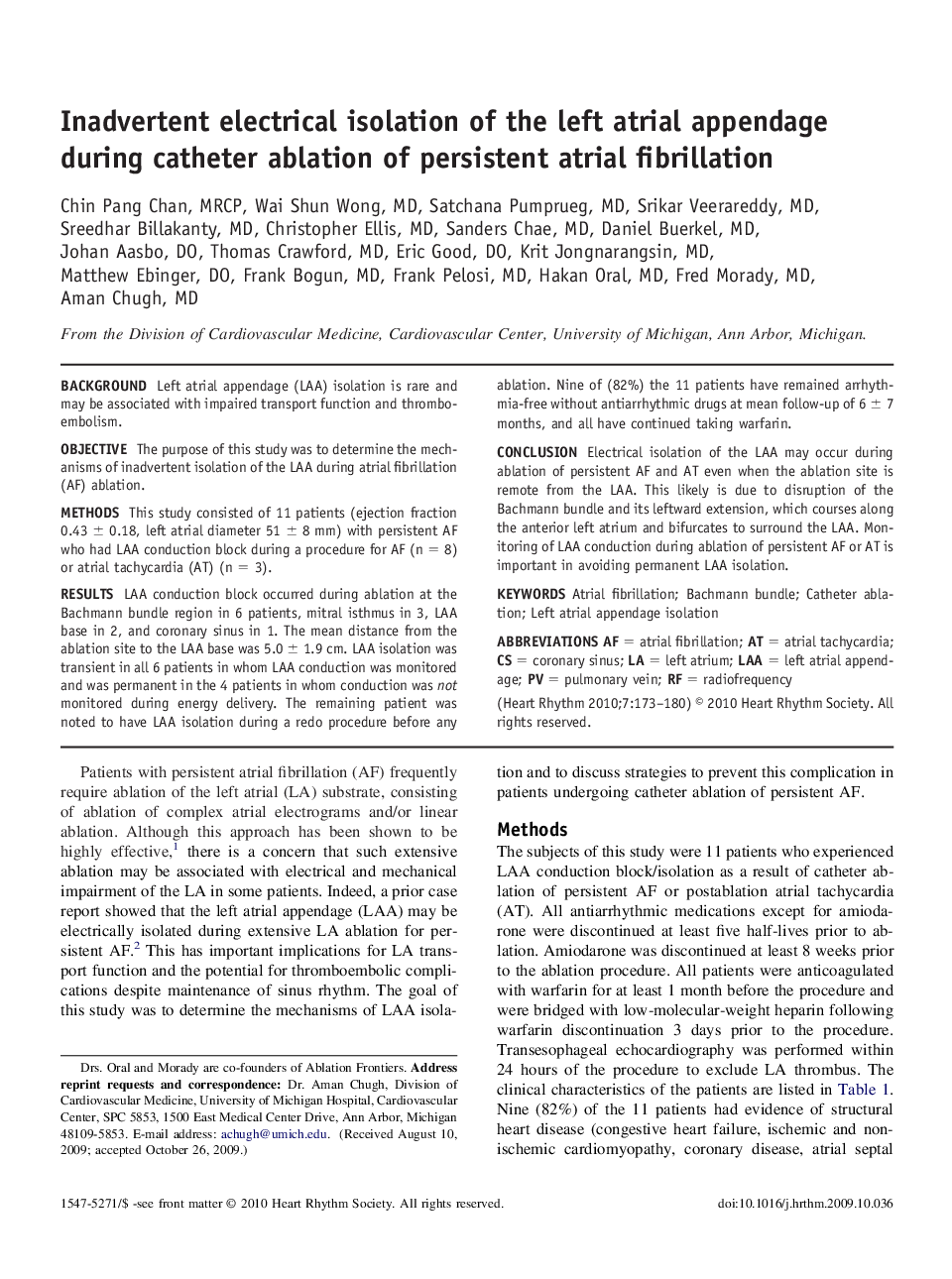 عکس صفحه اول مقاله: Inadvertent electrical isolation of the left atrial appendage during catheter ablation of persistent atrial fibrillation Inadvertent electrical isolation of the left atrial appendage during catheter ablation of persistent atrial fibrillation