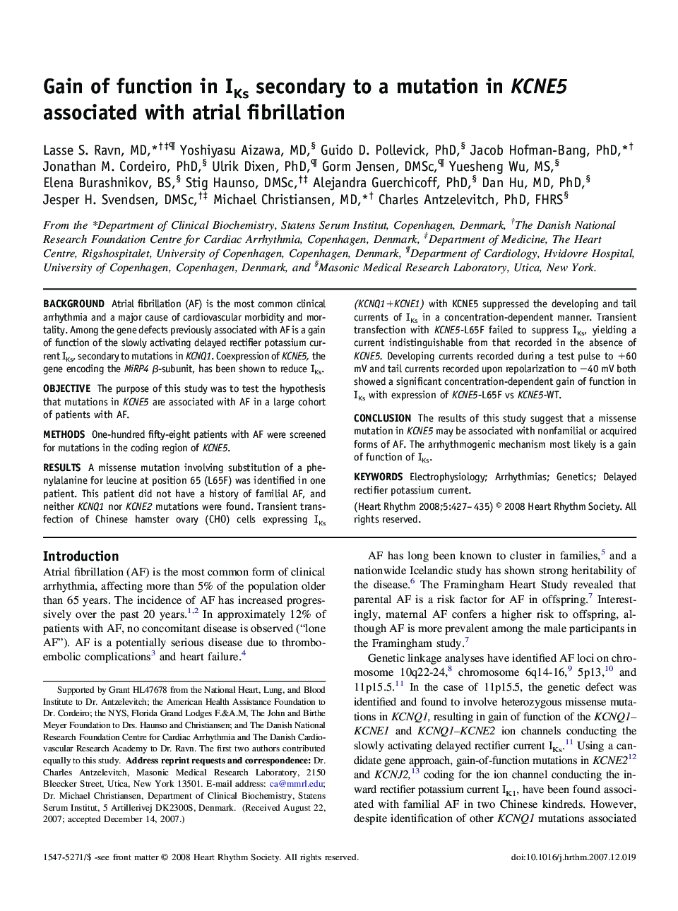 Gain of function in IKs secondary to a mutation in KCNE5 associated with atrial fibrillation 