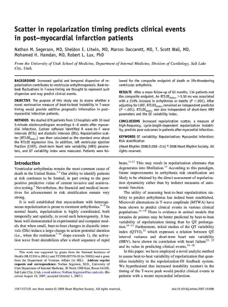 Scatter in repolarization timing predicts clinical events in post-myocardial infarction patients