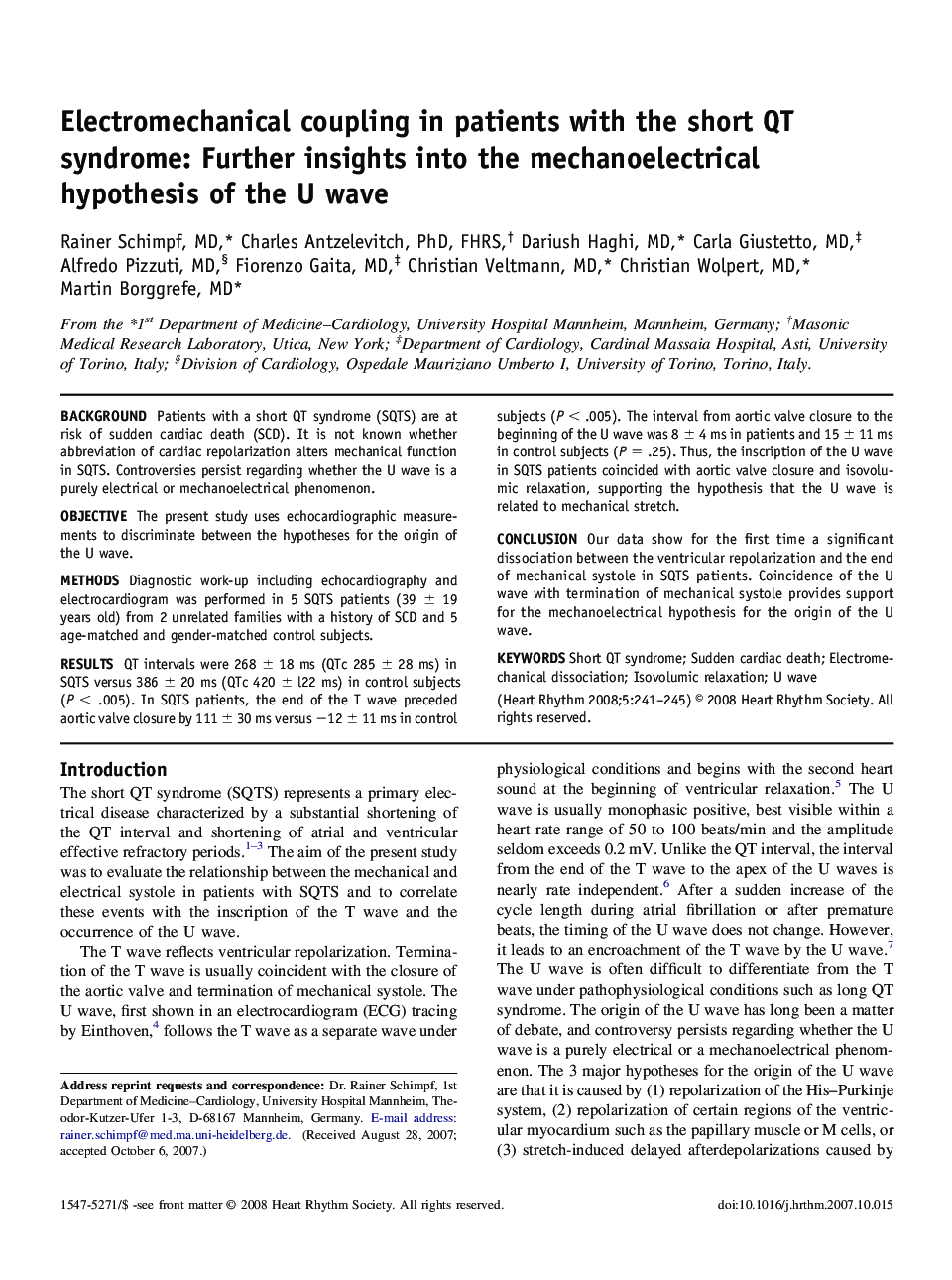 Electromechanical coupling in patients with the short QT syndrome: Further insights into the mechanoelectrical hypothesis of the U wave