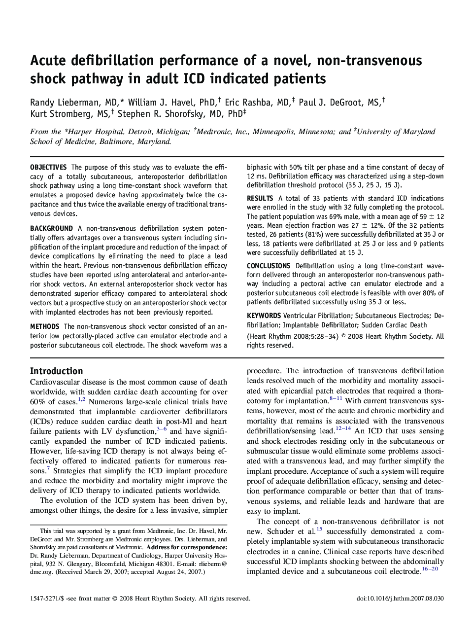 Acute defibrillation performance of a novel, non-transvenous shock pathway in adult ICD indicated patients