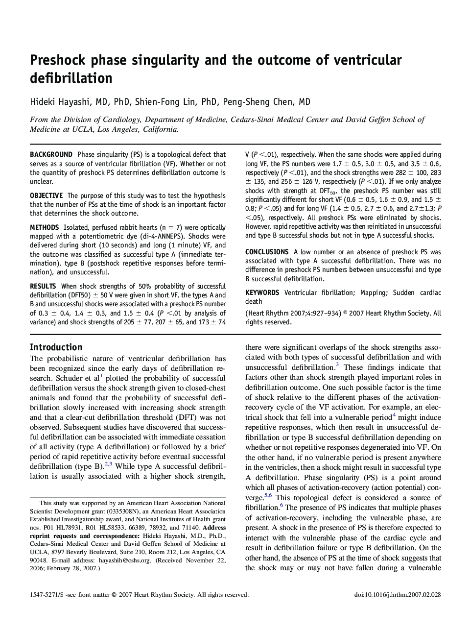 Preshock phase singularity and the outcome of ventricular defibrillation 