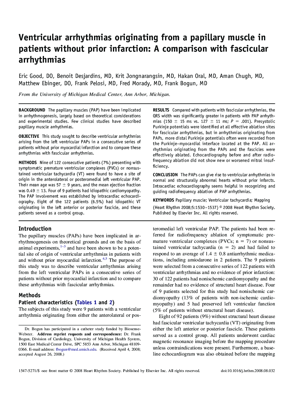 Ventricular arrhythmias originating from a papillary muscle in patients without prior infarction: A comparison with fascicular arrhythmias 