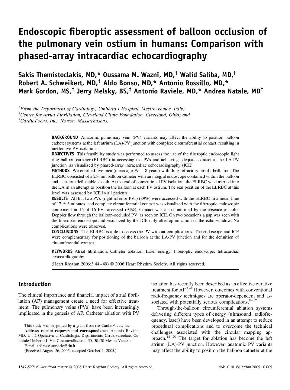 Endoscopic fiberoptic assessment of balloon occlusion of the pulmonary vein ostium in humans: Comparison with phased-array intracardiac echocardiography 