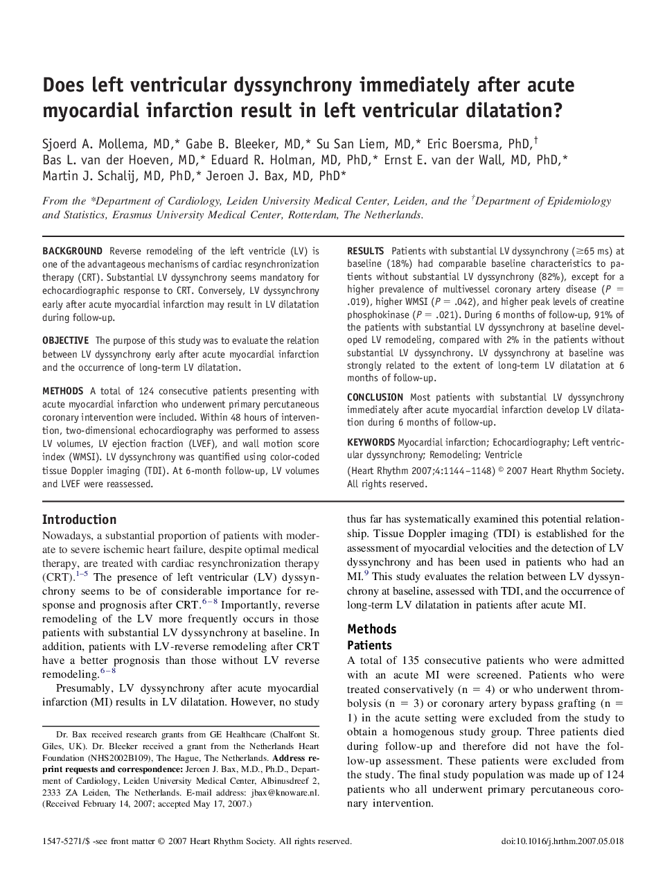 Does left ventricular dyssynchrony immediately after acute myocardial infarction result in left ventricular dilatation?