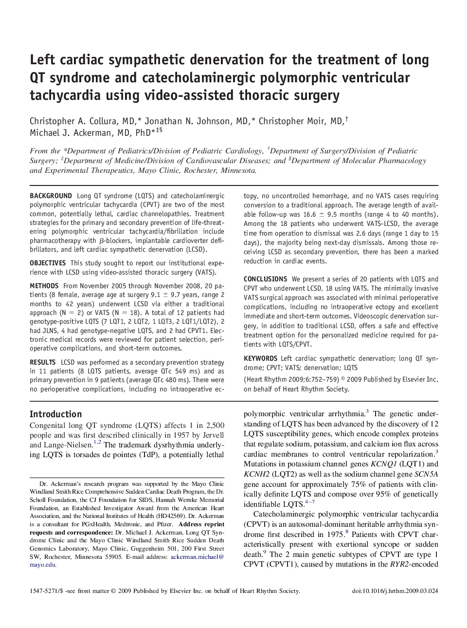 Left cardiac sympathetic denervation for the treatment of long QT syndrome and catecholaminergic polymorphic ventricular tachycardia using video-assisted thoracic surgery 