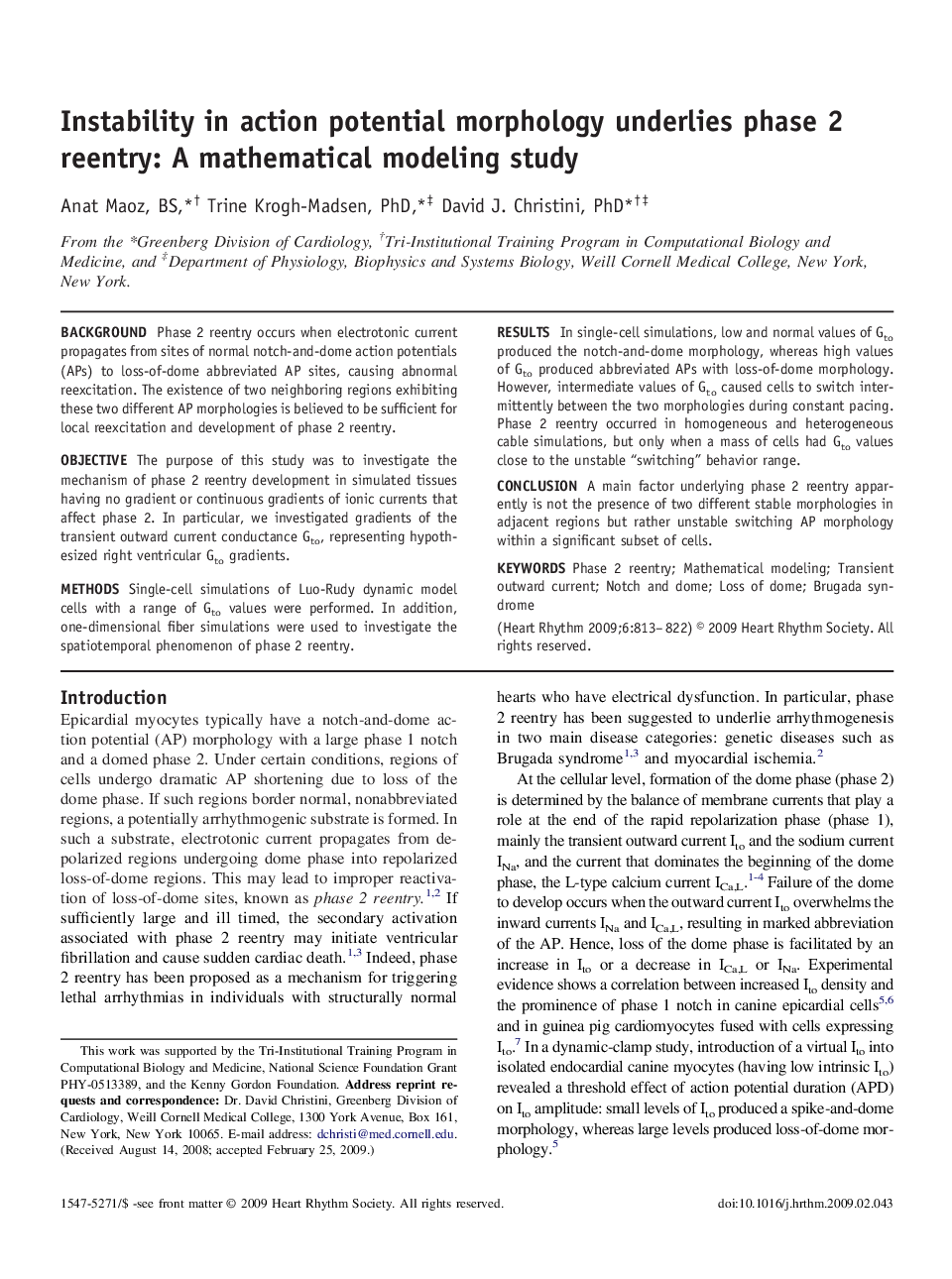 Instability in action potential morphology underlies phase 2 reentry: A mathematical modeling study