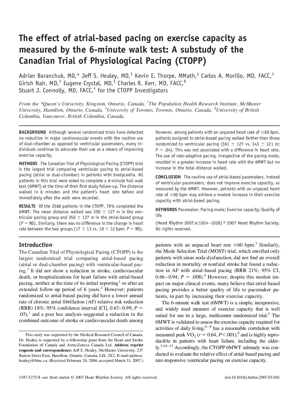 The effect of atrial-based pacing on exercise capacity as measured by the 6-minute walk test: A substudy of the Canadian Trial of Physiological Pacing (CTOPP)