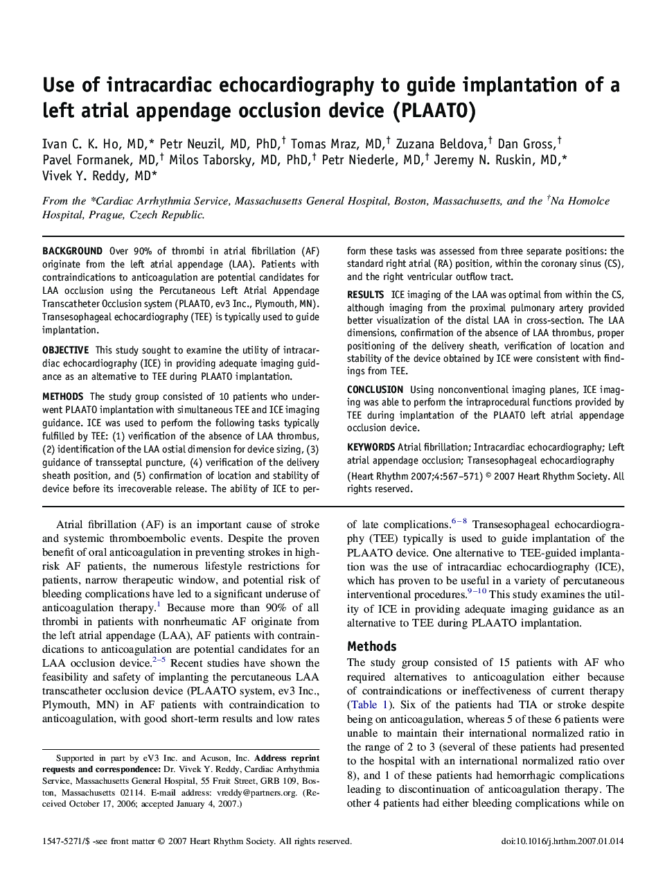 Use of intracardiac echocardiography to guide implantation of a left atrial appendage occlusion device (PLAATO) 