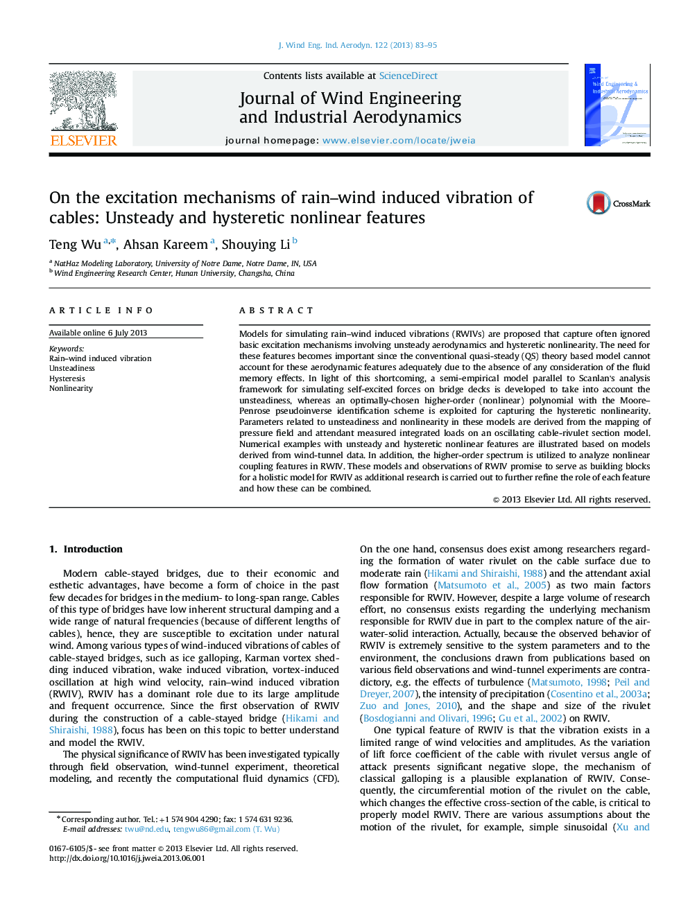 عکس صفحه اول مقاله: On the excitation mechanisms of rain–wind induced vibration of cables: Unsteady and hysteretic nonlinear features On the excitation mechanisms of rain–wind induced vibration of cables: Unsteady and hysteretic nonlinear features