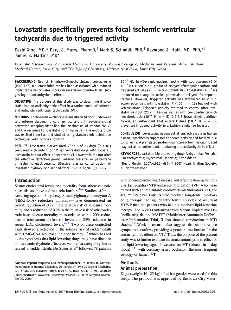 Lovastatin specifically prevents focal ischemic ventricular tachycardia due to triggered activity