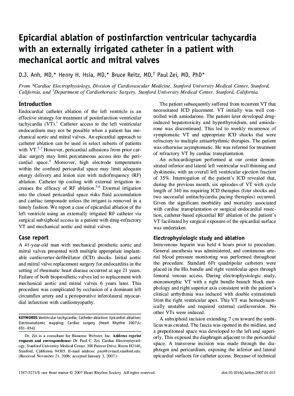 Epicardial ablation of postinfarction ventricular tachycardia with an externally irrigated catheter in a patient with mechanical aortic and mitral valves