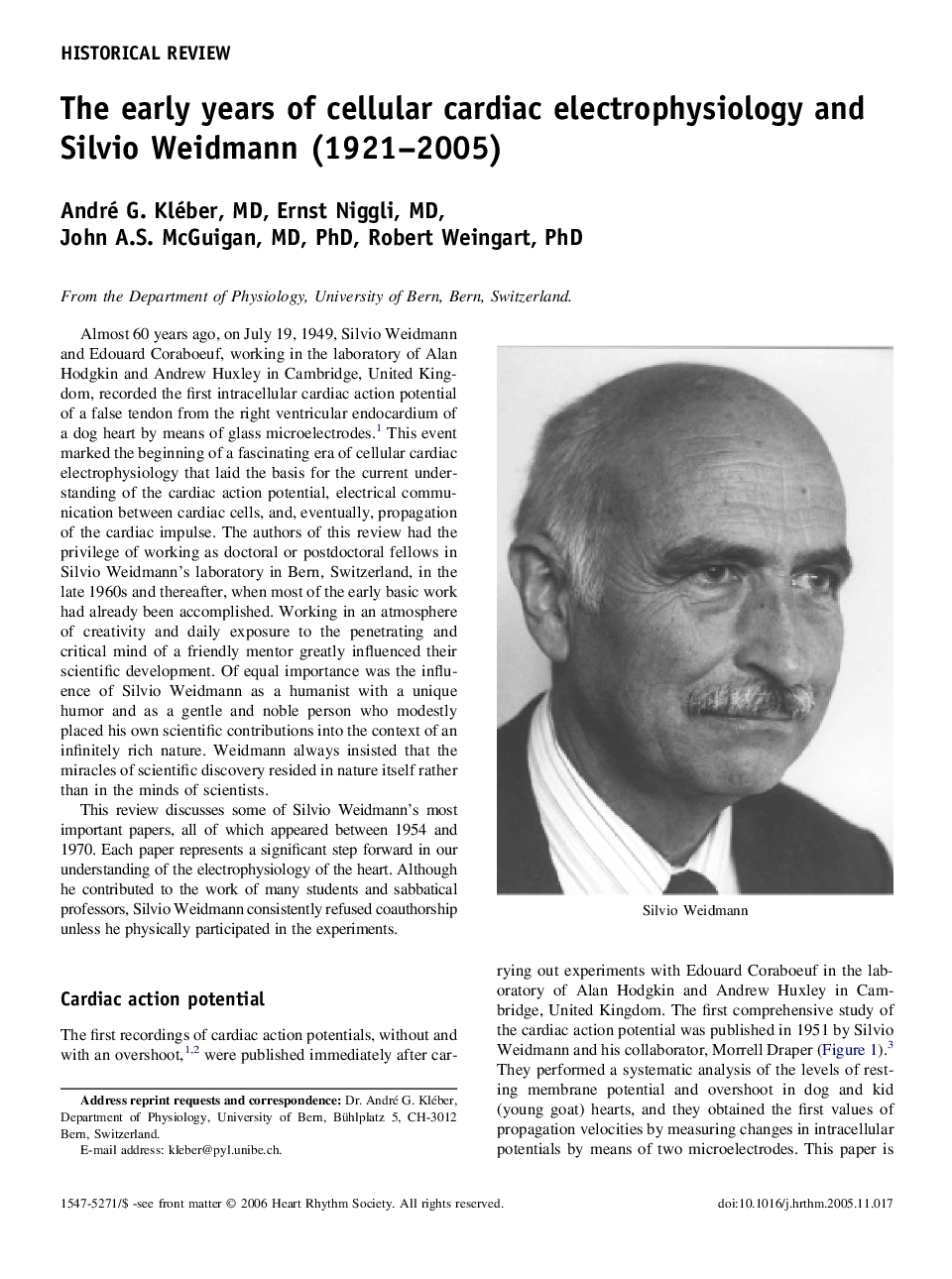 The early years of cellular cardiac electrophysiology and Silvio Weidmann (1921-2005)