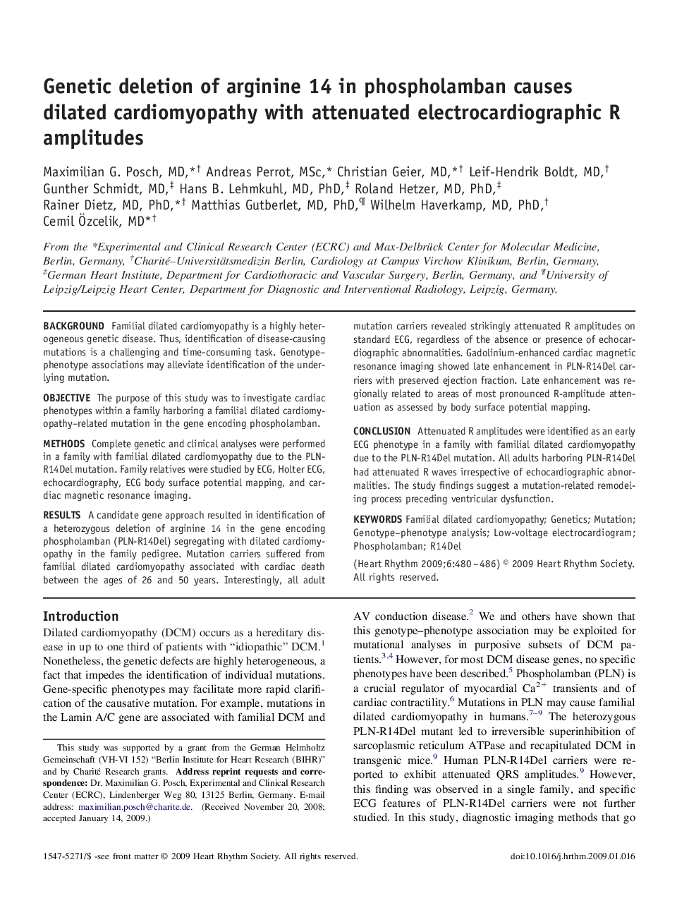 Genetic deletion of arginine 14 in phospholamban causes dilated cardiomyopathy with attenuated electrocardiographic R amplitudes 