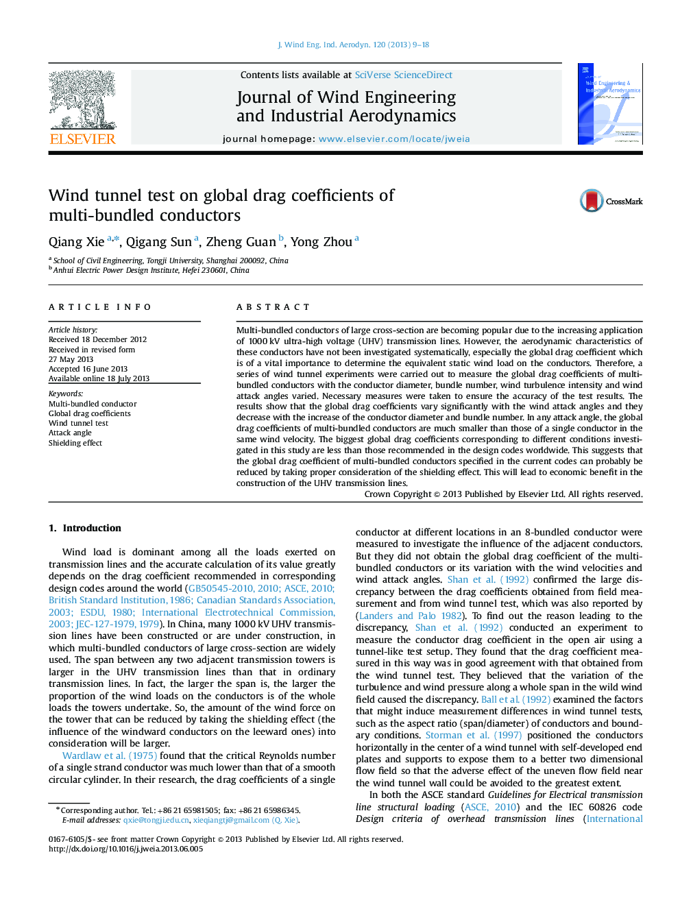 Wind tunnel test on global drag coefficients of multi-bundled conductors