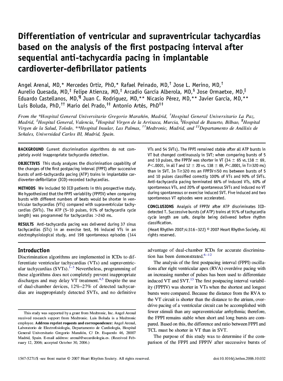 Differentiation of ventricular and supraventricular tachycardias based on the analysis of the first postpacing interval after sequential anti-tachycardia pacing in implantable cardioverter-defibrillator patients