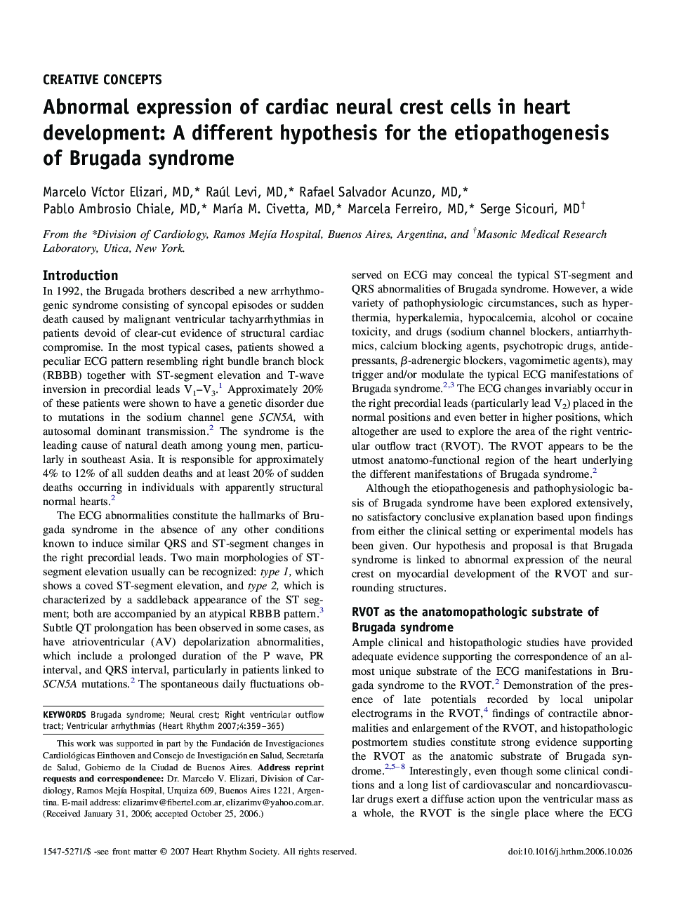 Abnormal expression of cardiac neural crest cells in heart development: A different hypothesis for the etiopathogenesis of Brugada syndrome