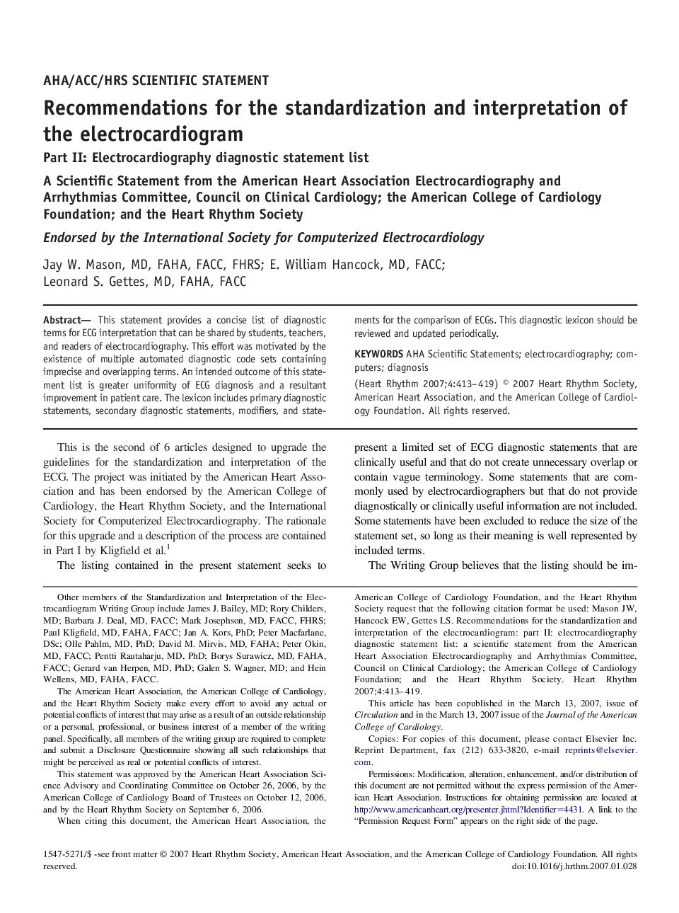 Recommendations for the standardization and interpretation of the electrocardiogram : Part II: Electrocardiography diagnostic statement list: A Scientific Statement from the American Heart Association Electrocardiography and Arrhythmias Committee, Council