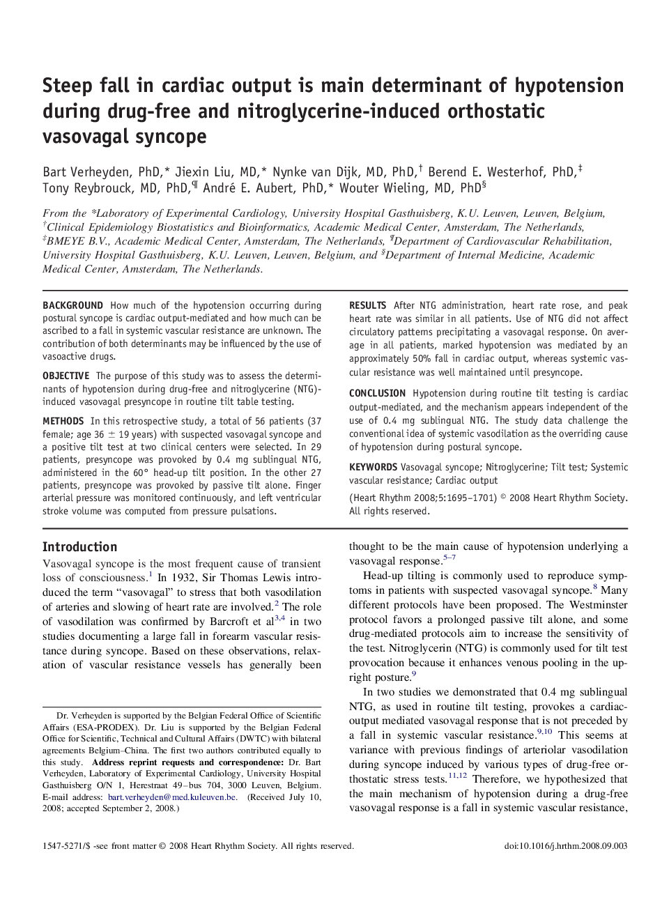 Steep fall in cardiac output is main determinant of hypotension during drug-free and nitroglycerine-induced orthostatic vasovagal syncope 