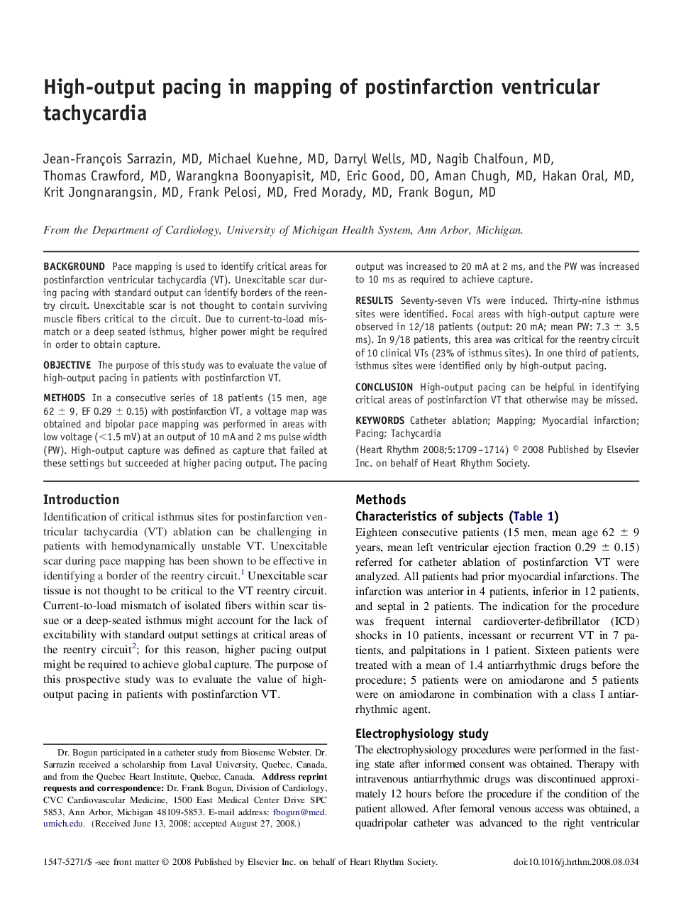 High-output pacing in mapping of postinfarction ventricular tachycardia 